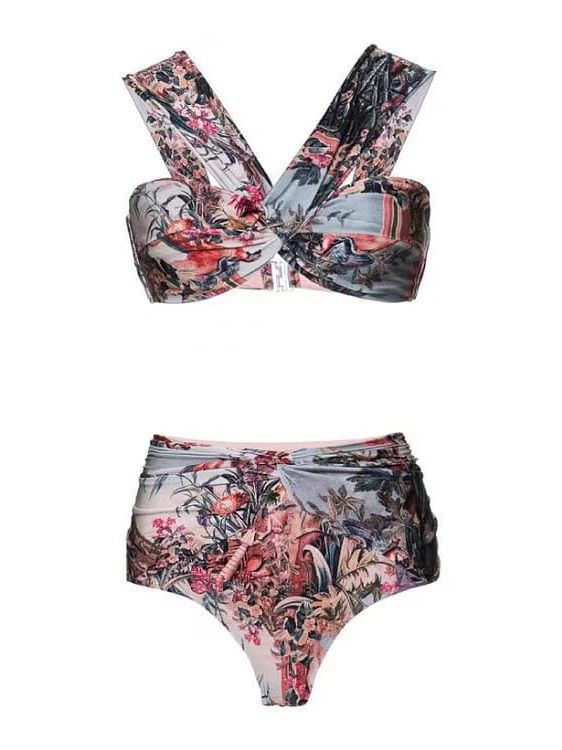 Vacation Beach Dress Swimsuit Women's Retro Printed Spring Bathing Suit Three Piece Suit