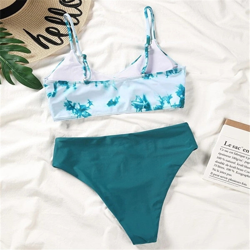 Women Seperated Swimwear Tie Dye Contrast Color Sexy Bikini Swimsuit