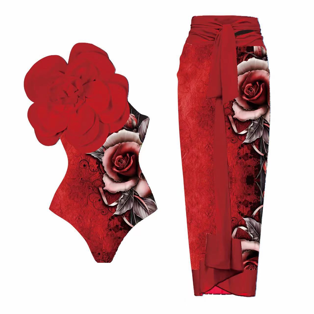 One Piece Swimsuit Women Skinny Slimming Big Floral Swimsuit Outfit Chiffon Dress