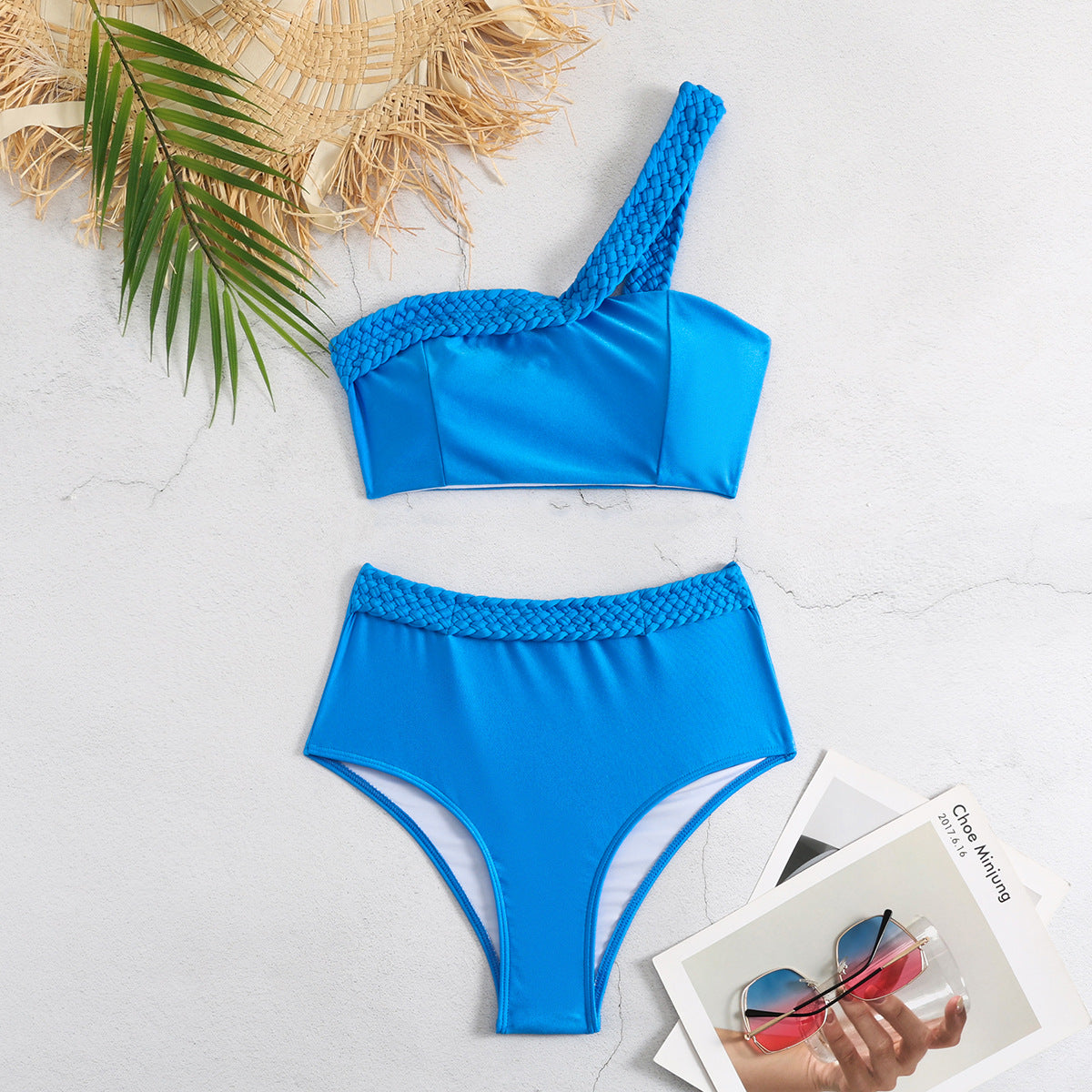 Women One Shoulder Solid Color Split Swimsuit High Waist Braid Rope Banded Bikini Bikini