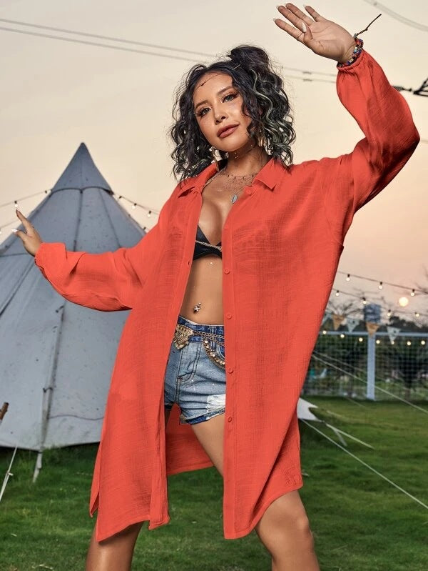 Cotton Long Sleeved Shirt Beach Cover up Vacation Sun Protection Shirt Bikini Swimsuit Outwear Cardigan