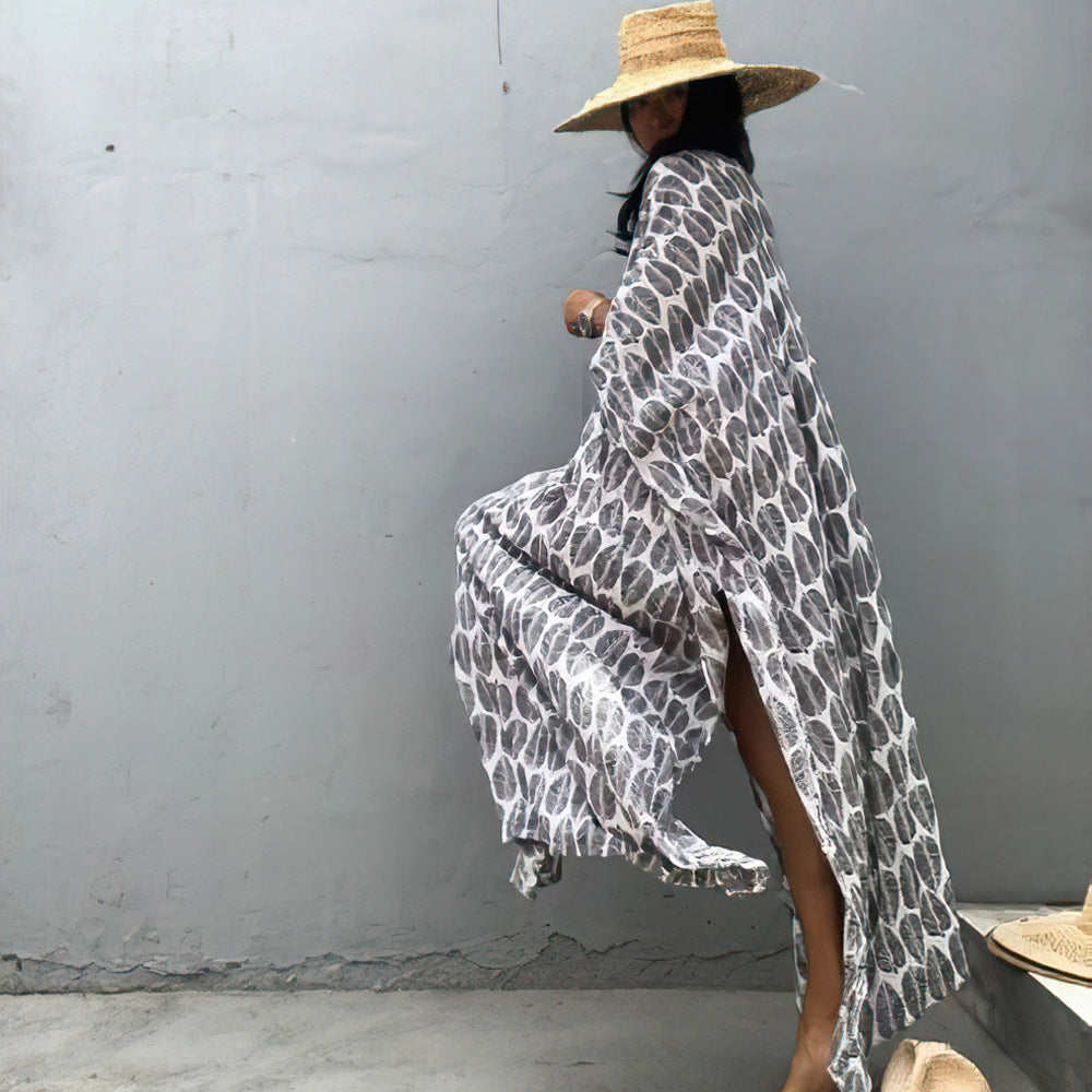 Beach Cover Up Front Back V Neck Loose Robe Seaside Vacation Skirt Bikini Sun Protection Shirt