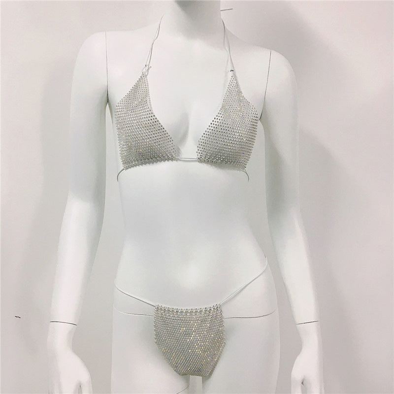 Women Clothing Rhinestone Bikini Set Carnival Sexy Lace Up Outdoor Beach Split Swimsuit