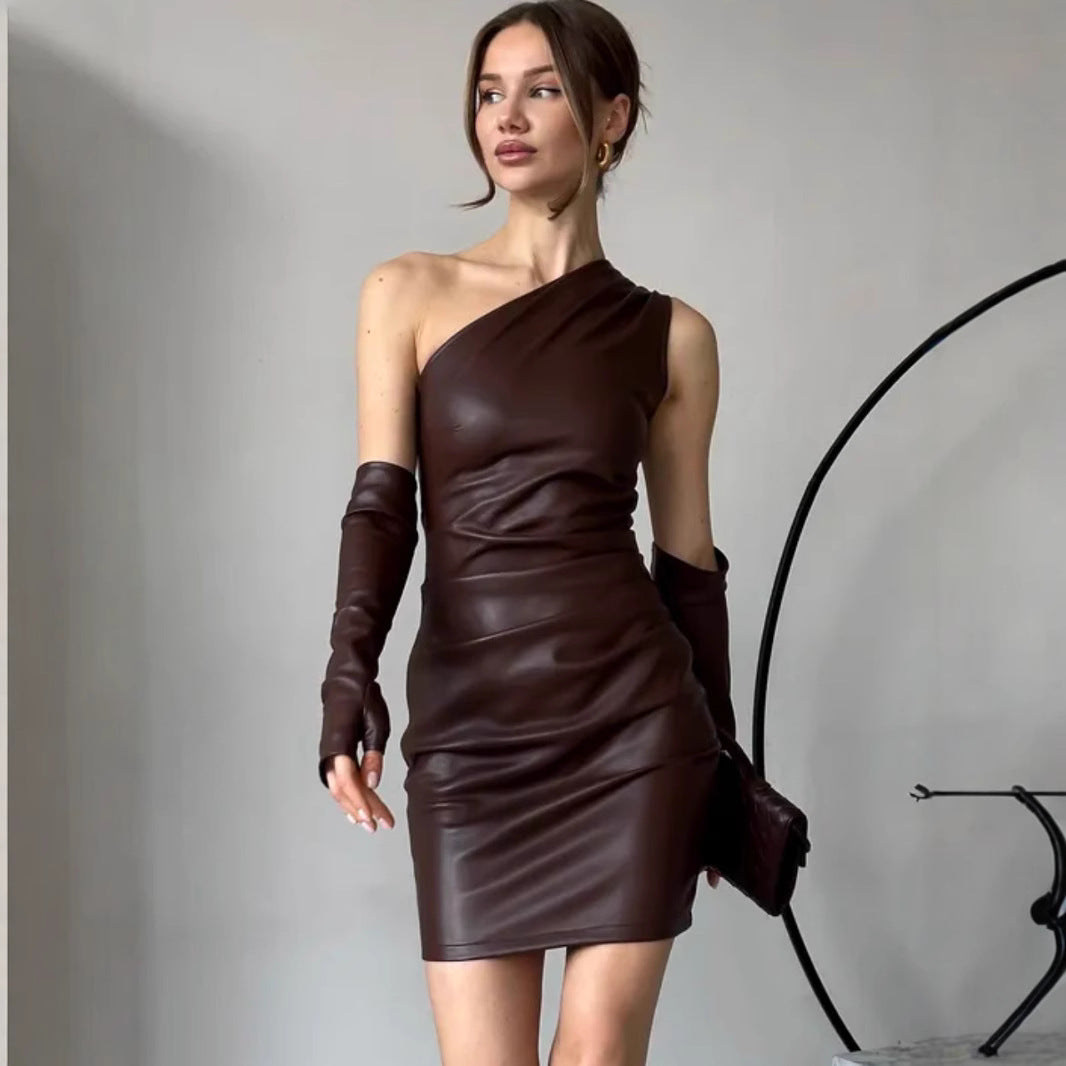 Faux Leather Dress Street Hipster Women Clothing Diagonal Collar Sleeveless Oversleeve Tight Waist Sheath Dress