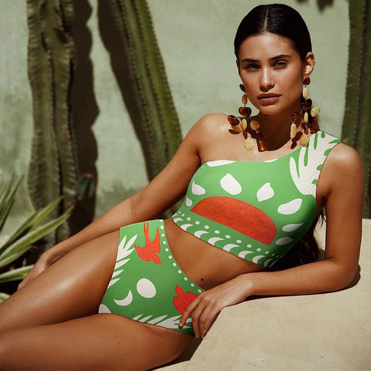 Shoulder Slimming Printed Swimsuit Women High Waist Bikini