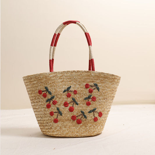 Sac à bandoulière en paille brodé de cerises, sac tissé en paille de grande capacité, sac de plage pour vacances en bord de mer 