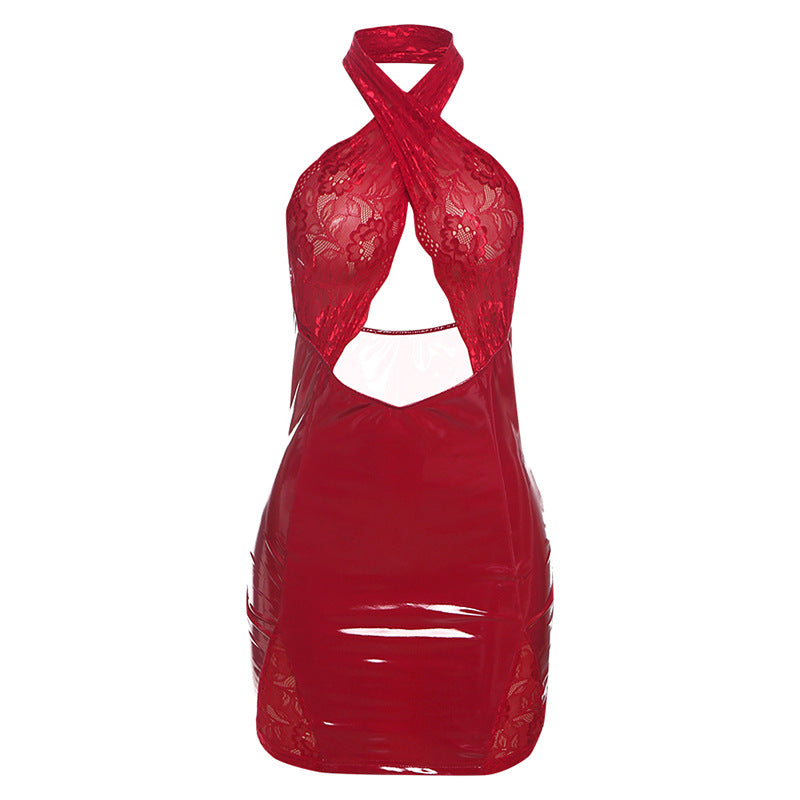 Autumn Winter Women Clothing Sexy Hollow Out Cutout out Halter Backless Lace Stitching Faux Leather Dress