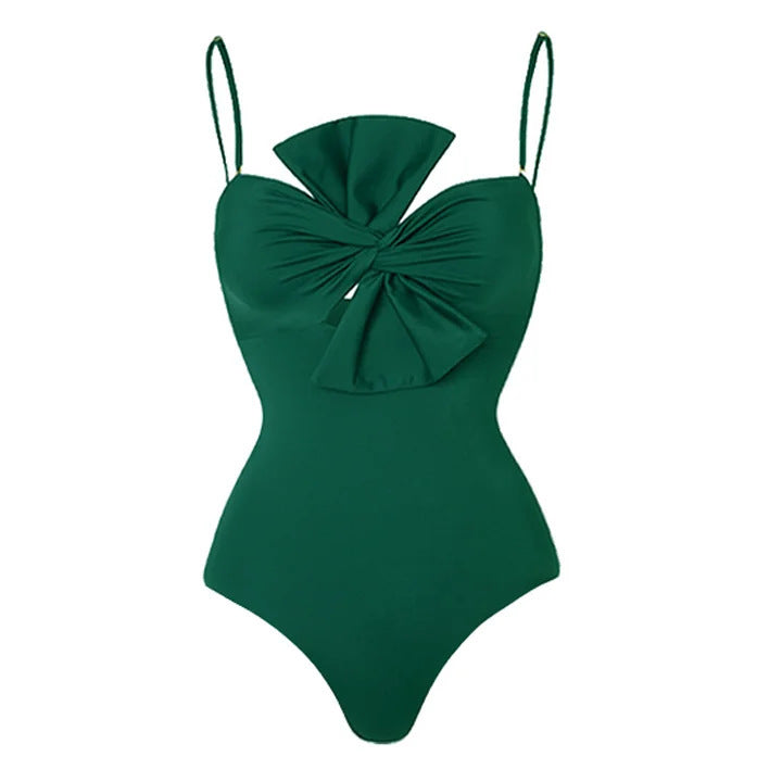 Bow Solid Color One Piece Women Swimwear Suit French Retro Cover Belly Slimming Swimsuit