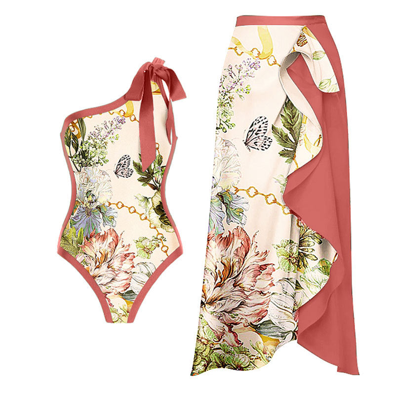 Sexy Swimsuit Retro One Shoulder Swimsuit Bikini Chiffon Beach Skirt Set