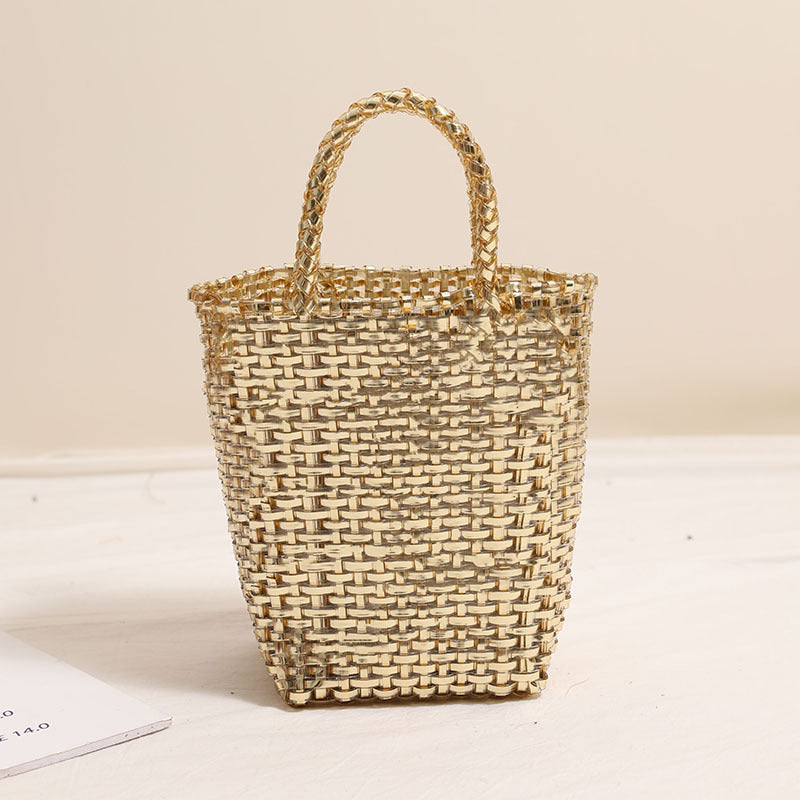 Gold Silver Color Portable Vegetable Basket Bag Solid Color Large Capacity Hand Carrying Woven Bag Seaside Vacation Beach Bag