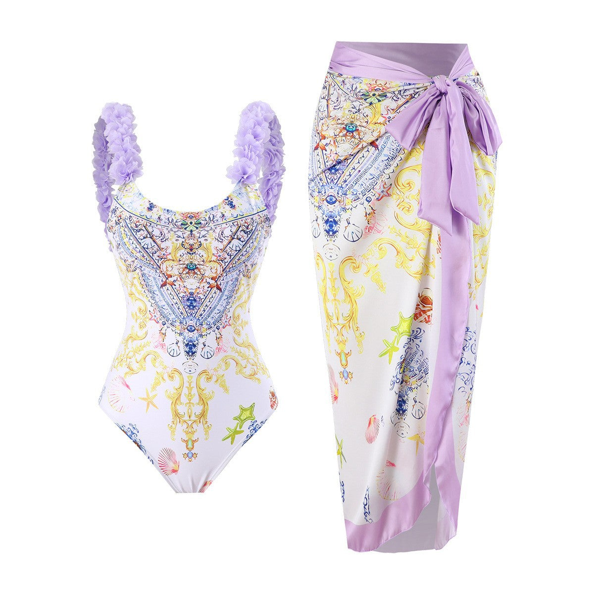 One Piece Printed Skirt Conservative Swimwear Two Piece Women Swimsuit