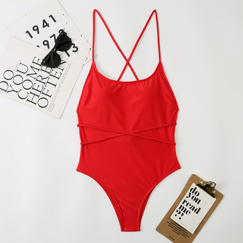 Sexy One Piece Nylon Multicolor Bikini Solid Color Tied Open Back Swimsuit Swimsuit