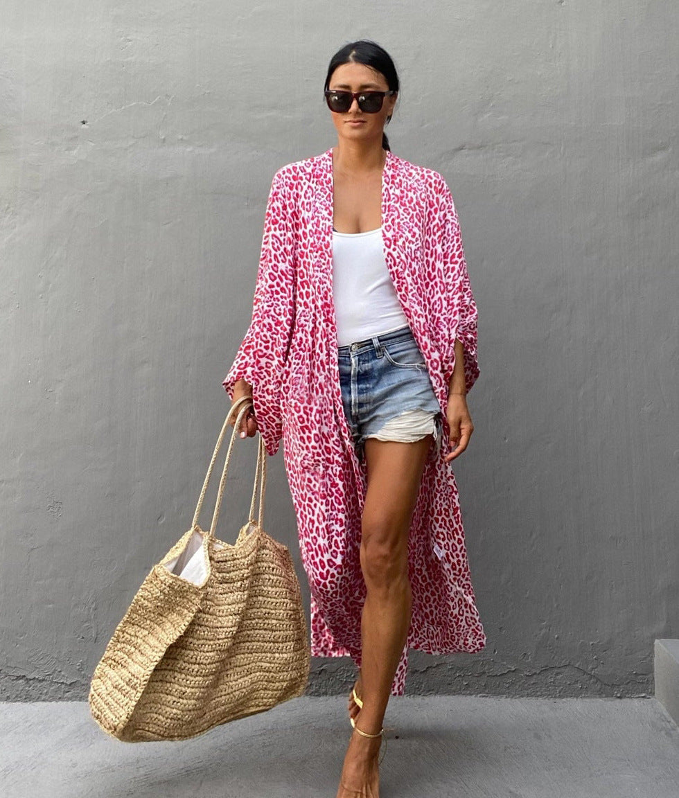 Leopard Print Long Cardigan Loose Beach Sun Protection Coat Beach Cover Up Swimsuit Outwear Women
