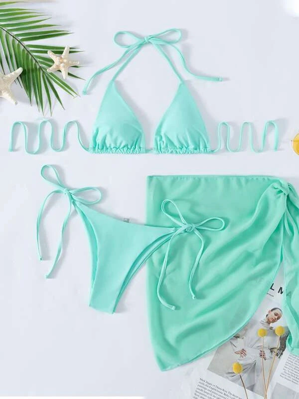 Solid Color Triangle Cup Bandage Sexy Bikini Three Piece Swimsuit