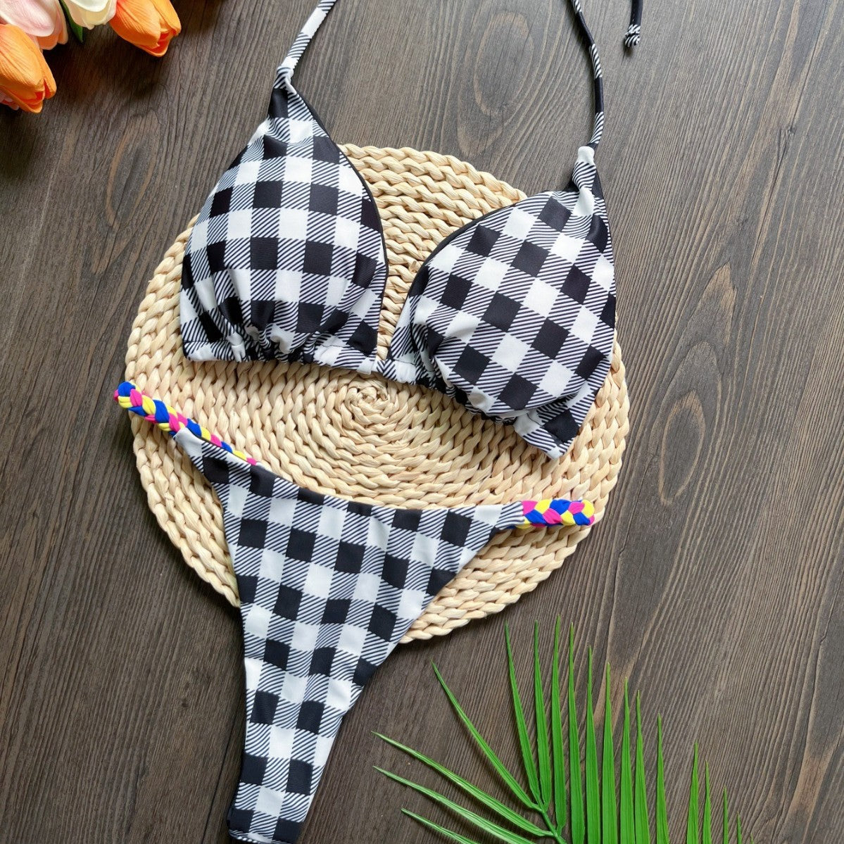 Triangle Bag Braid Rope Bikini Printed Swimsuit Beach Sexy Women Swimsuit