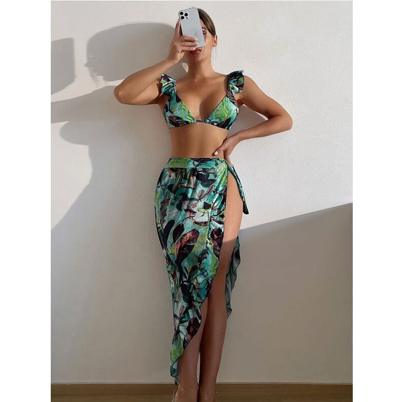 Women Clothing Sexy Bikini Ruffled Tied Apron Three Suits Swimsuit Tie Dye