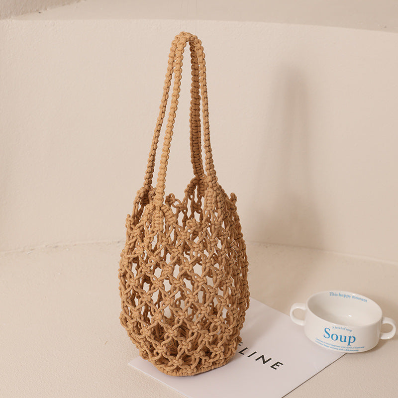 Hollow Out Cutout Cotton Thread Woven Bag Shoulder Handmade Straw Bag Fishing Net Bag Seaside Vacation Beach Bag Women Bag