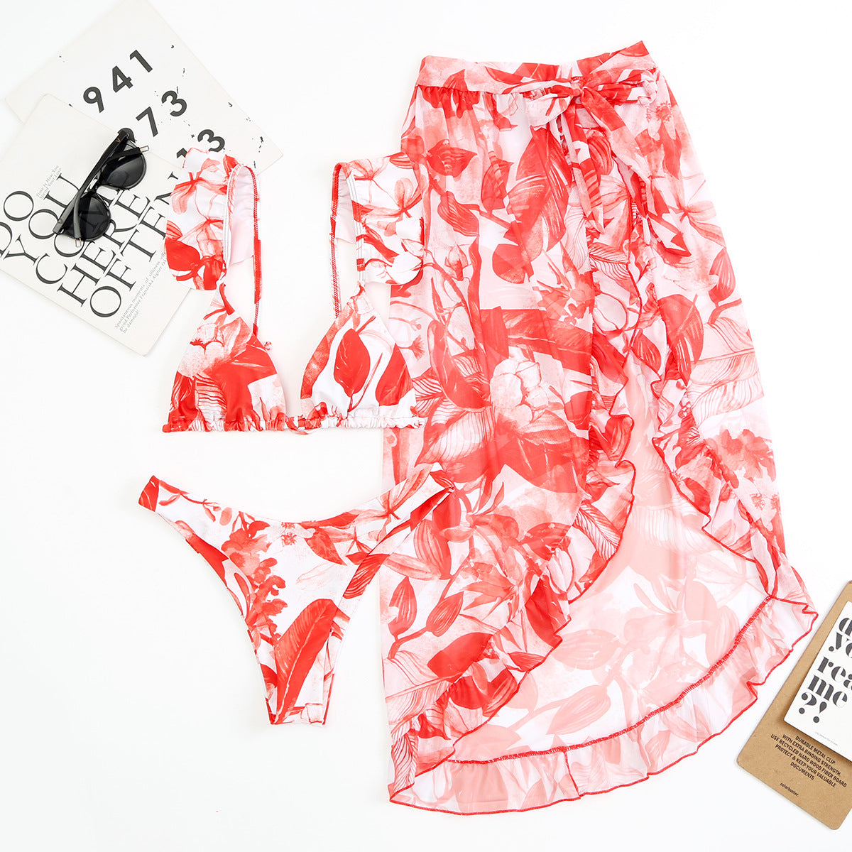 Women Printed Split Sexy Double Sided Mesh Triangle Bikini Swimsuit Three Piece Set