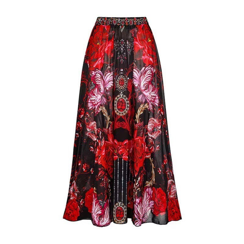 Conservative Sunscreen Swimsuit Women Vintage Printed Gauze Skirt Bikini