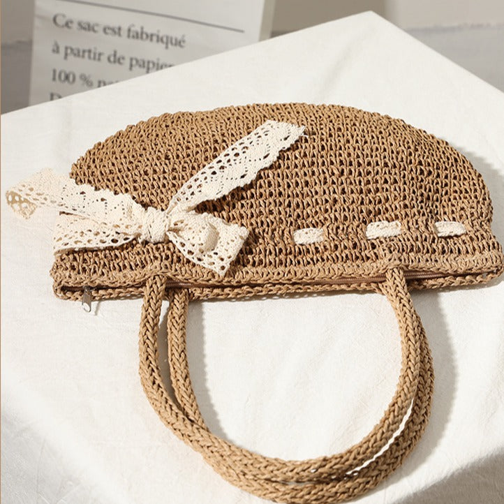 Bow Woven Bag Shoulder Hand Woven Straw Bag Seaside Vacation Beach Bag Women Bag