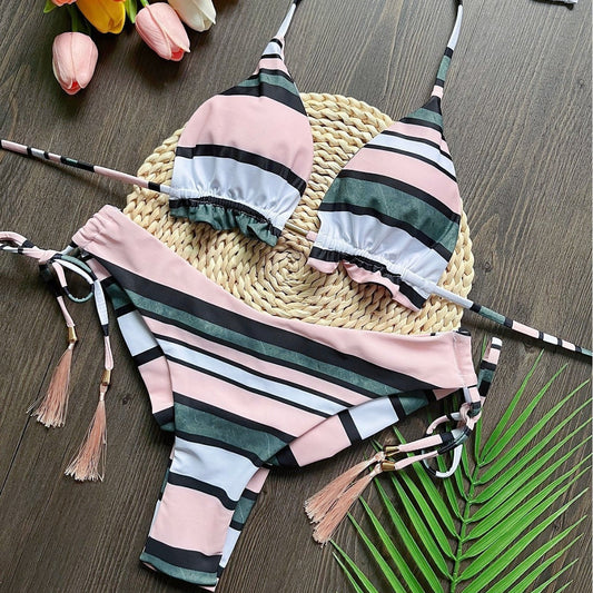 Printed Split Bikini Swimsuit Sexy Braid Rope Triangle Women Swimsuit Swimming Set