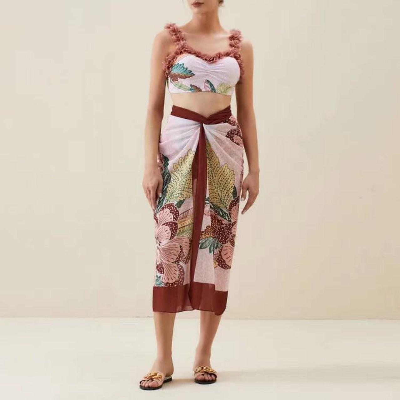 Three Piece Set Swimsuit Customized Printed Steel Bracket Push up Petals Gauze Skirt Swimsuit Women