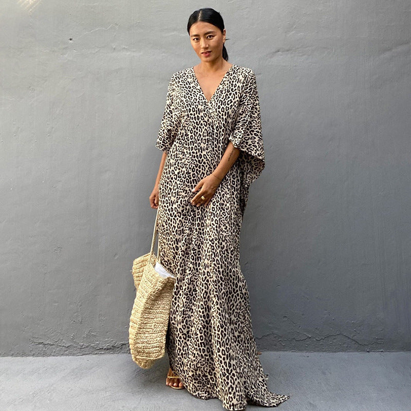 Leopard Print Long Cardigan Loose Beach Sun Protection Coat Beach Cover Up Swimsuit Outwear Women