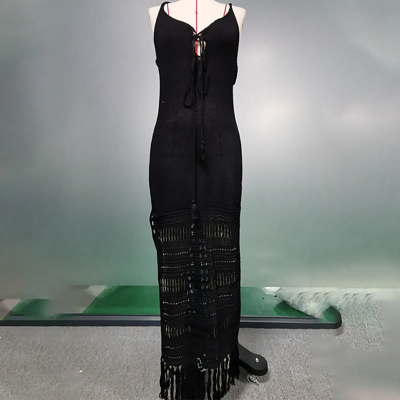 Summer Beach Dress Women Solid Color Spaghetti Straps Knitted Hollow Out Cinched Tassel Midi Dress Swimsuit Blouse Crochet hook