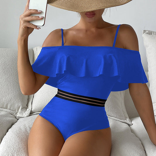 off Shoulder Ribbon Sexy High Waist One Piece Bikini Swimsuit Swimwear Women