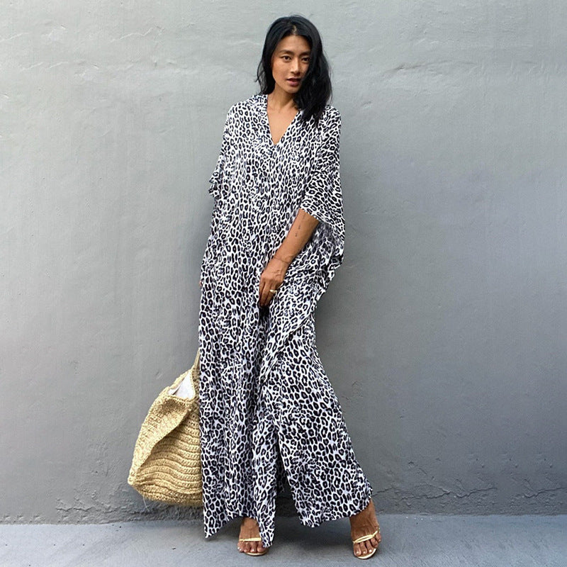 Leopard Print Long Cardigan Loose Beach Sun Protection Coat Beach Cover Up Swimsuit Outwear Women