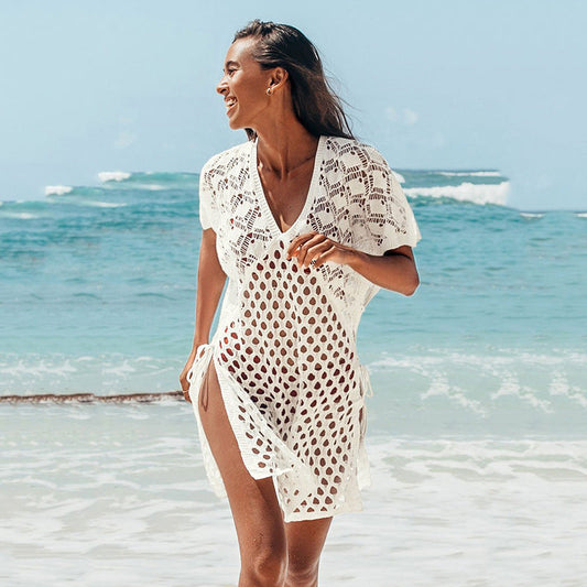 Blouse Women Knitted Hollow Out Cutout out V neck Pullover Short Sleeve Smock Dress Women Breathable