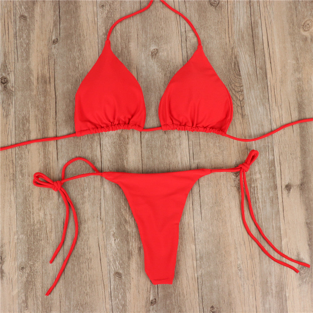 Sexy Sling Halter Bikini Women High Waist Strap Solid Color Split Swimsuit Bikini