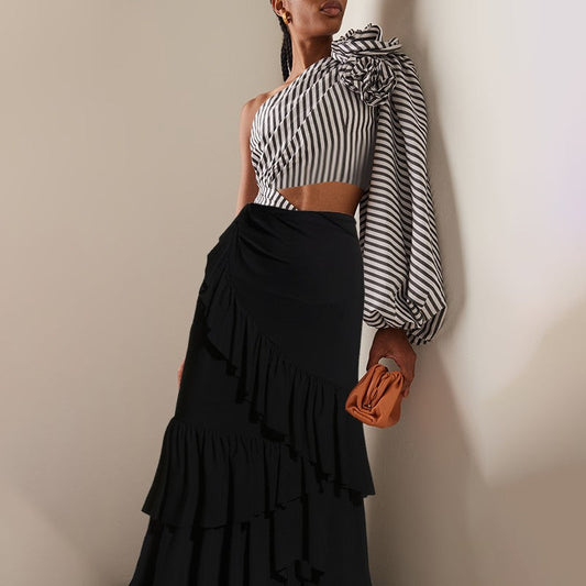 Sexy One Piece Swimsuit Women Pleated Ruffled Striped Swimsuit Bikini Mesh Maxi Dress