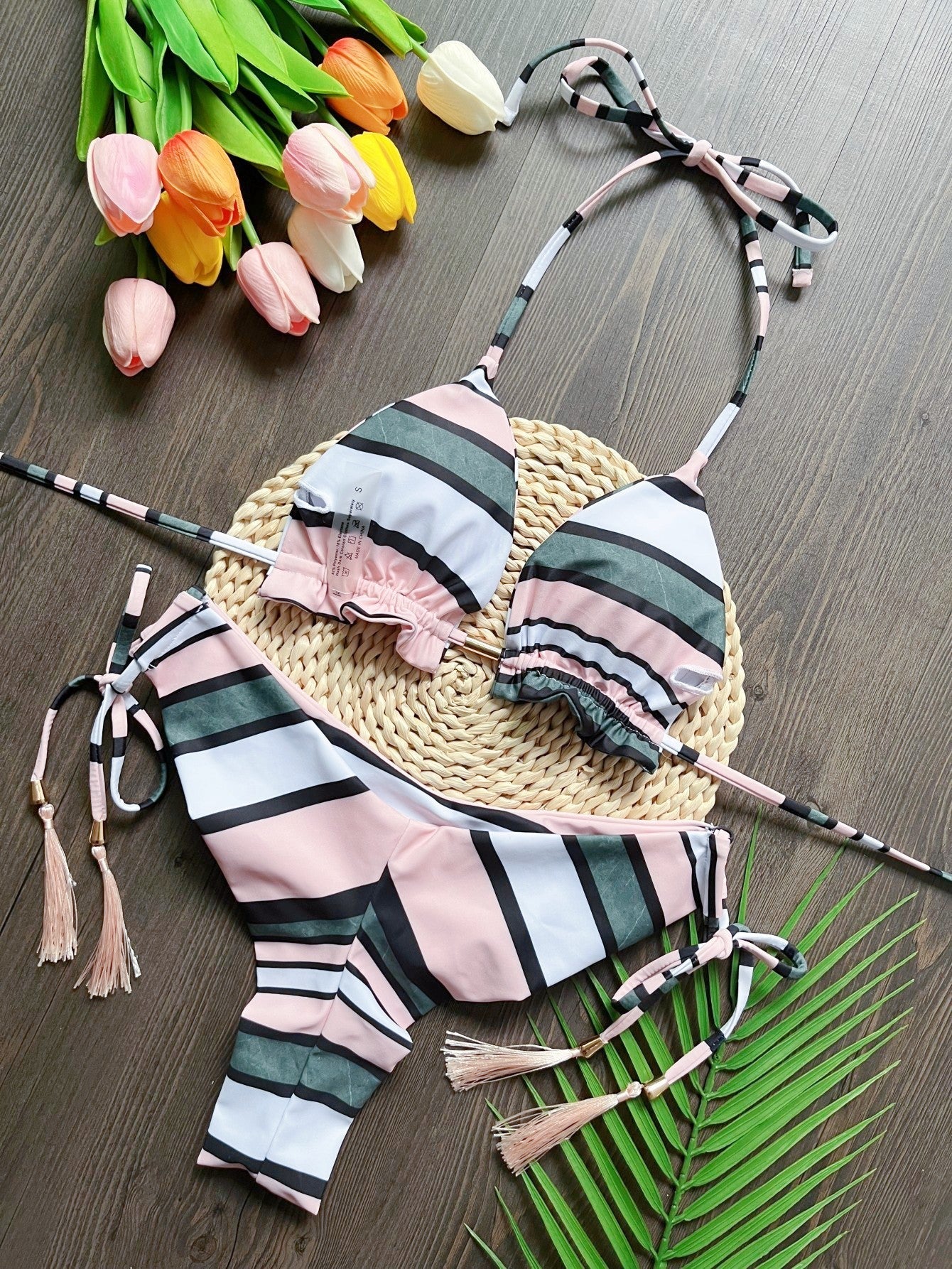 Printed Split Bikini Swimsuit Sexy Braid Rope Triangle Women Swimsuit Swimming Set