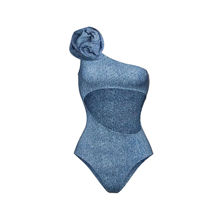 Popular Floral Decoration One Shoulder Hollow Out Cutout Soft Denim One Piece Swimsuit Women