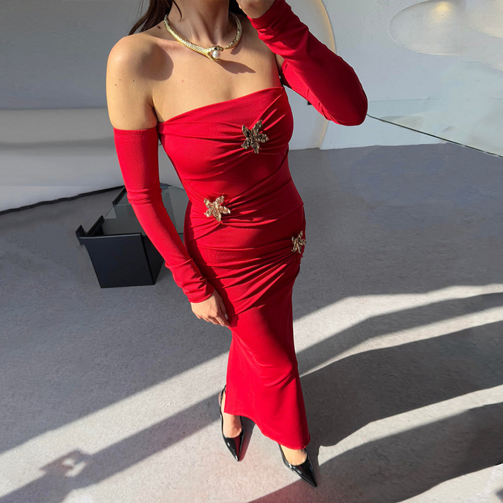 Pleated Long Sleeved Women Dress Fashionable Sexy Sheath Slim Fit Dress