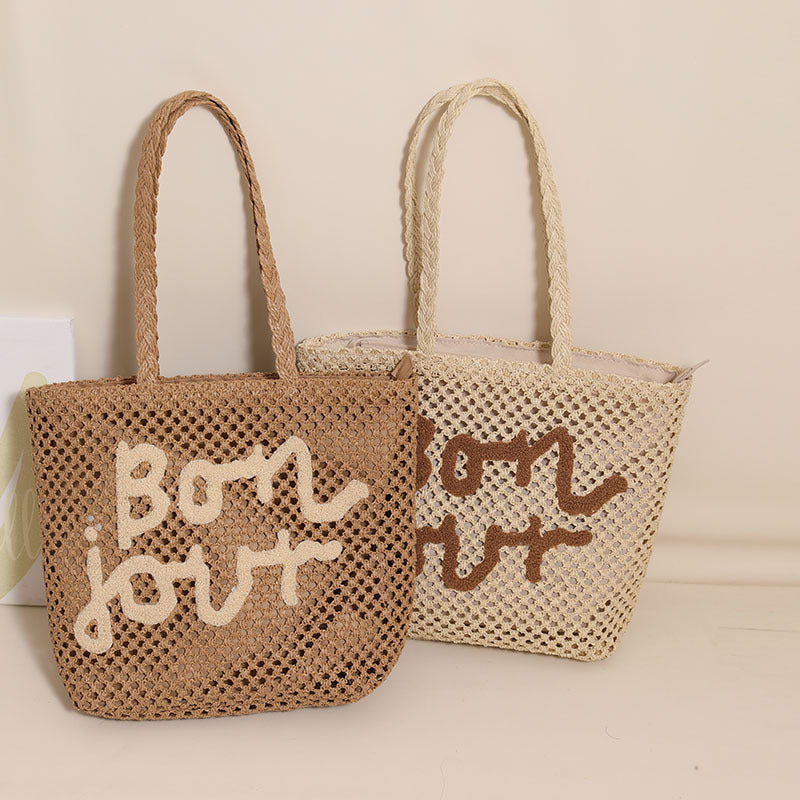 Letter Graphic Embroidery Woven Bag All Match Shoulder Hollow Out Cutout Straw Bag Vacation Beach Bag Women Bag