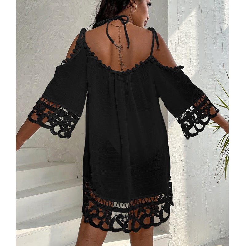 Cutout Lace off Shoulder Strap Sexy Solid Color Loose Casual Vacation Beach Sun Protection Swimsuit Blouse