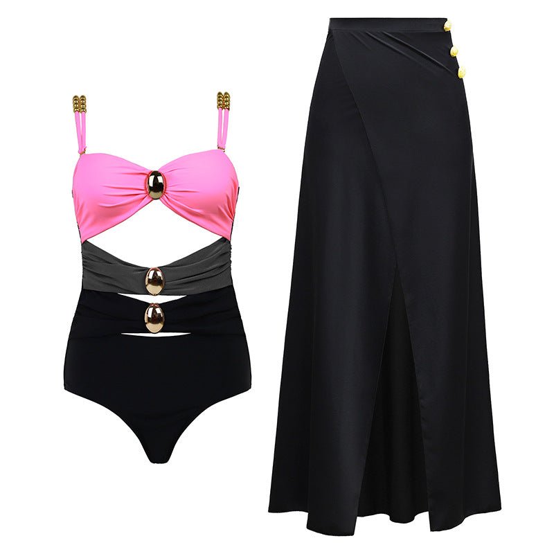 Swimsuit Color Matching Sexy Cutout One Piece Women Wrap Skirt Swimsuit Suit