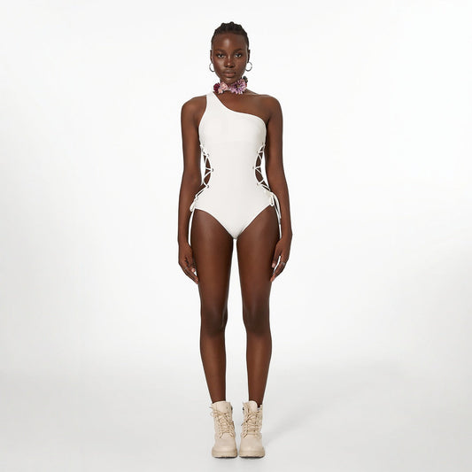 Retro Floral Shoulder Lace up Slimming Sexy Spring Vacation Swimsuit Women