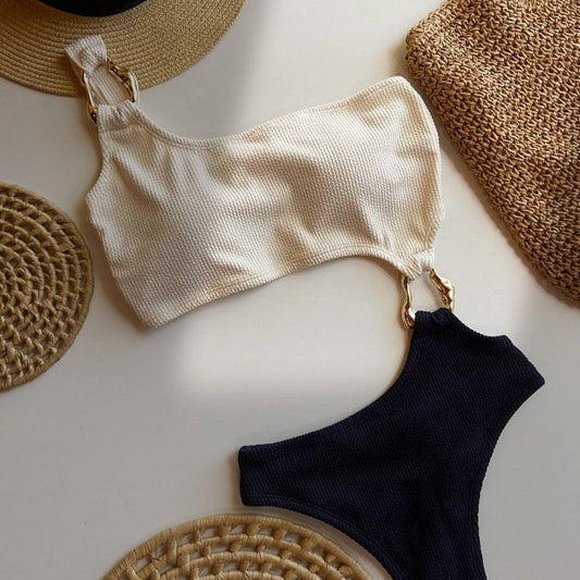 Irregular Asymmetric Metal Accessories Rib Fabric One Piece Swimsuit Beach Sexy Women Swimsuit