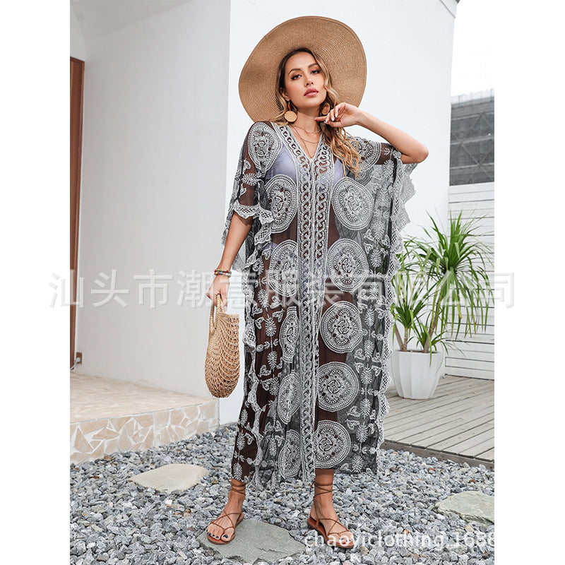 Beach Sun Protection Shirt Loose Pullover Swimsuit Outer Cover Bikini Jacket Water Soluble Lace Dress