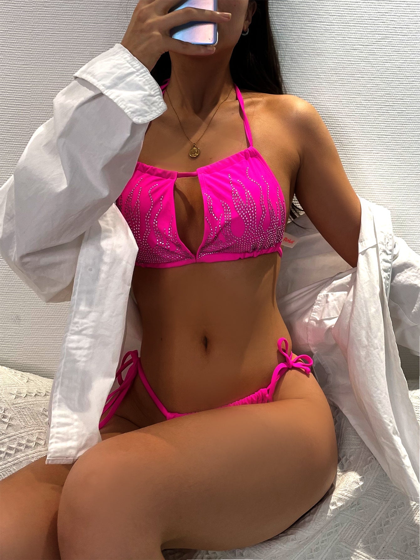 Swimsuit Solid Color Flame Rhinestone Bikini Sexy Lace Up Swimsuit Best
