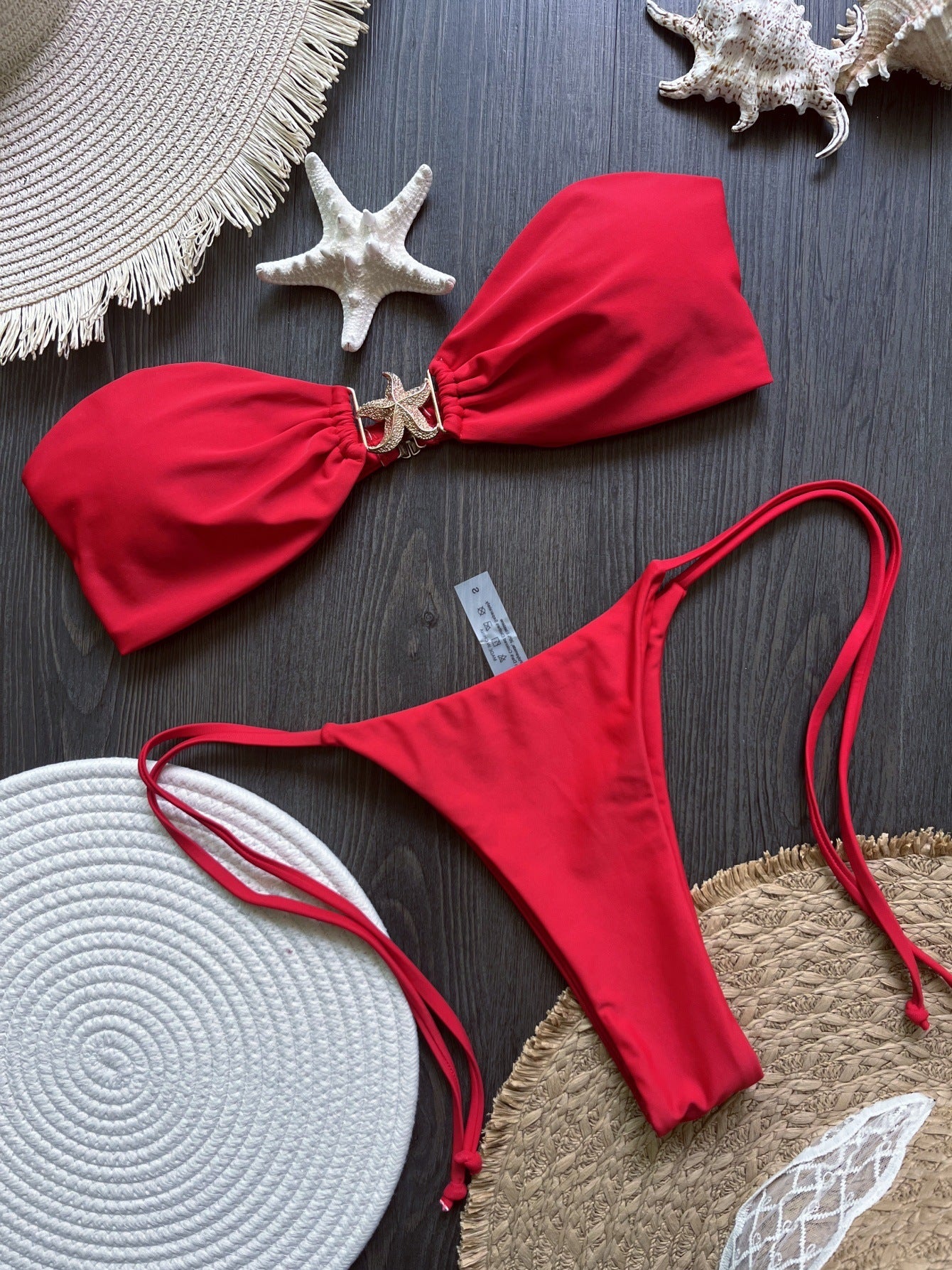 Nylon Fabric Five-Pointed Star Accessories Solid Color Bikini Sexy Backless Split Swimsuit Bikini