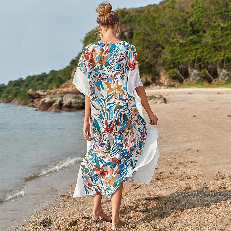 Wrinkle Solid Color Edge Robe Loose Dress Beach Sun Protection Clothing Swimsuit Bikini Cover Up Blouse