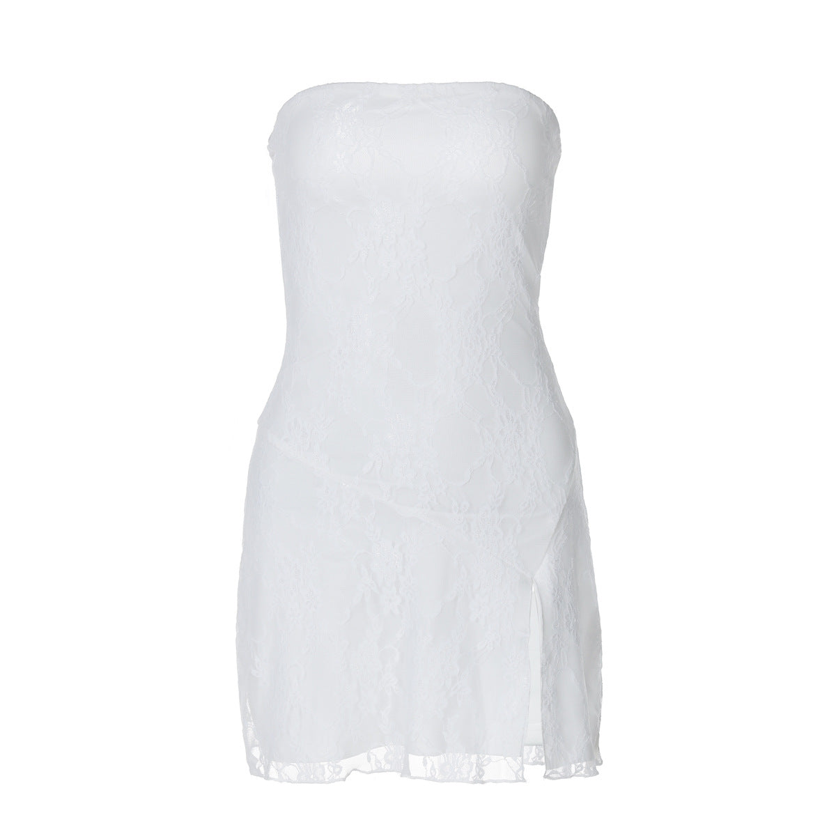 Women Tube Top Stitching Lace Slim Sexy Slit Short Dress