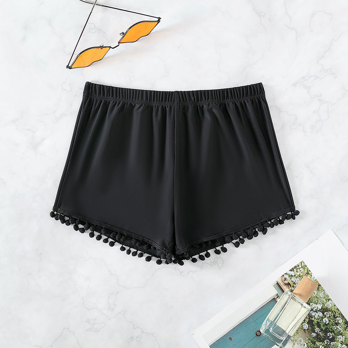 Solid Color Swimming Trunks Beach Boyshorts Cute Fur Ball Swimsuit Swimwear Women