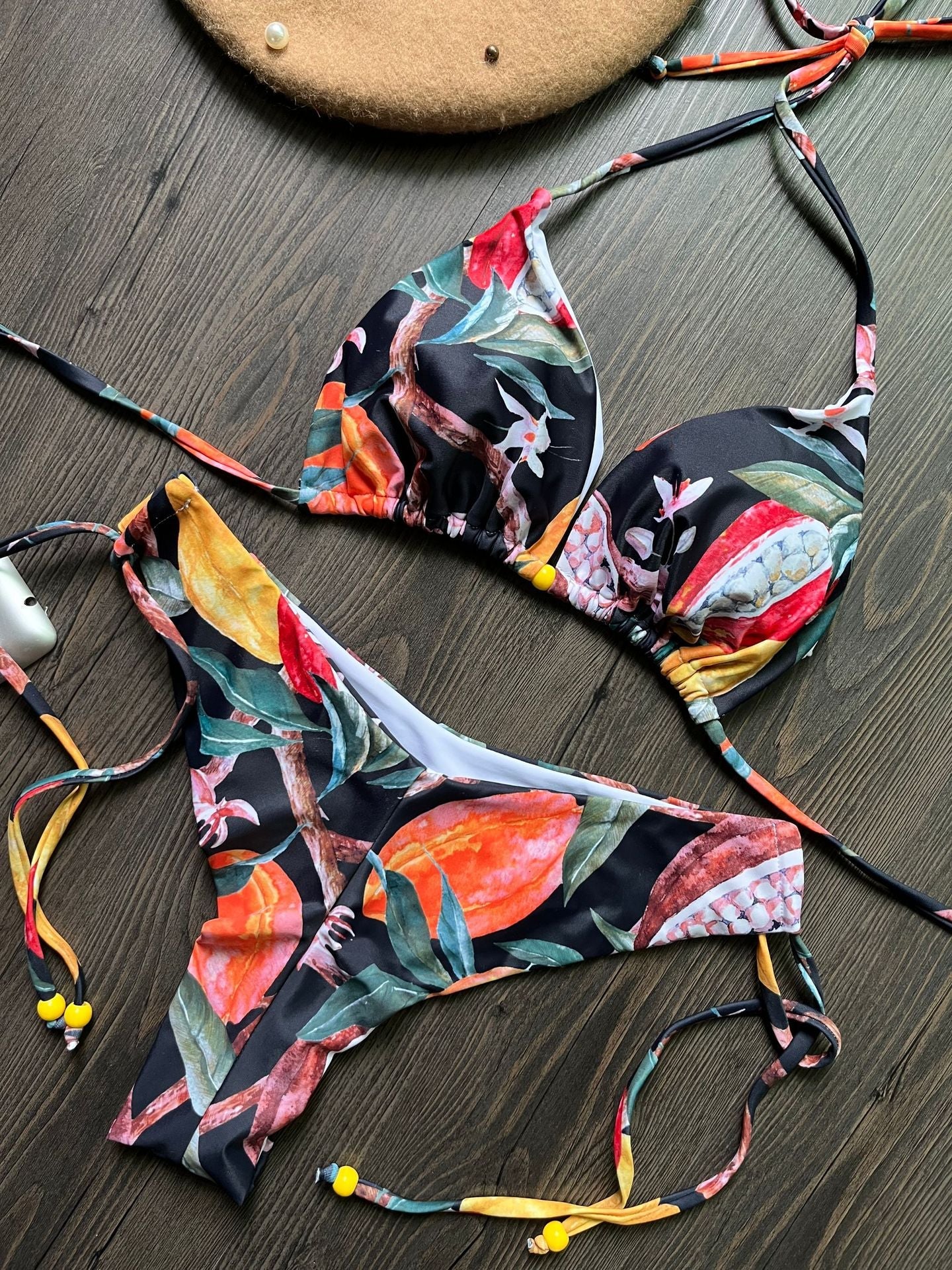 Bikini Digital Printed Sexy Lace Up Halterneck Triangle Split Swimsuit Women