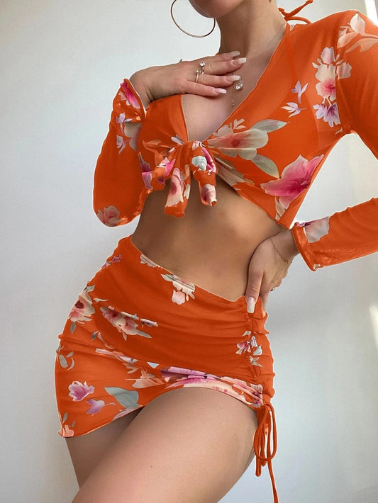 Swimsuit Women Split Three Or Four Piece Suit Printed Drawstring Lace Long Sleeve Internet Celebrity Suit