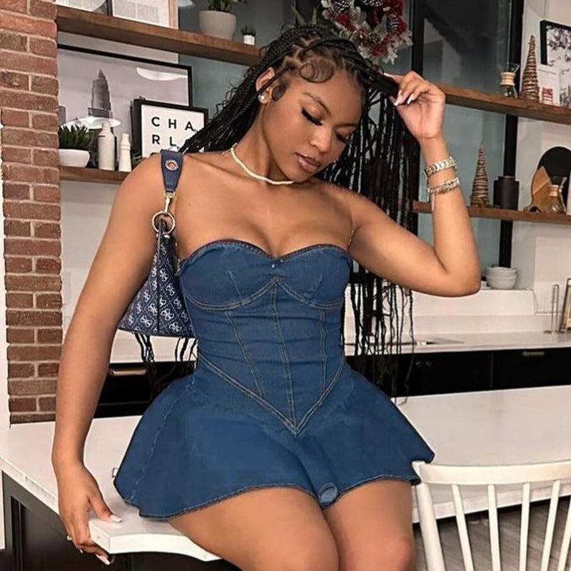Summer Sheath A Line Sexy Tube Top Imitation Denim Dress Women
